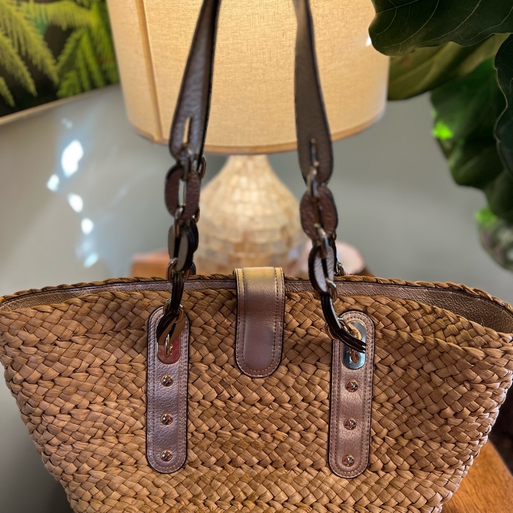 Michael Kors Hand-Woven Straw Leather Trim ToteSantorini Summer Straw Purse - Picture 2 of 12